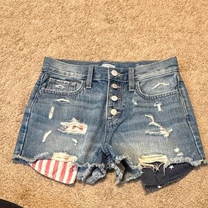 Old Navy Distressed Blue Denim Shorts with Flag Patch Accents